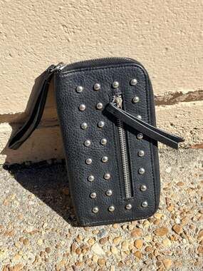 Wallet Wristlet Womens One Size Black Studded Faux Leather Zip Around Punk